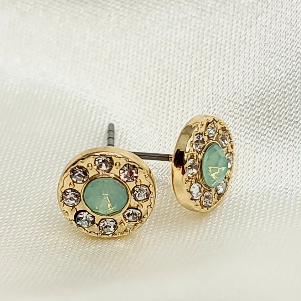 Gold Seafoam Diamond Halo Rhinestone Stud Button Earrings